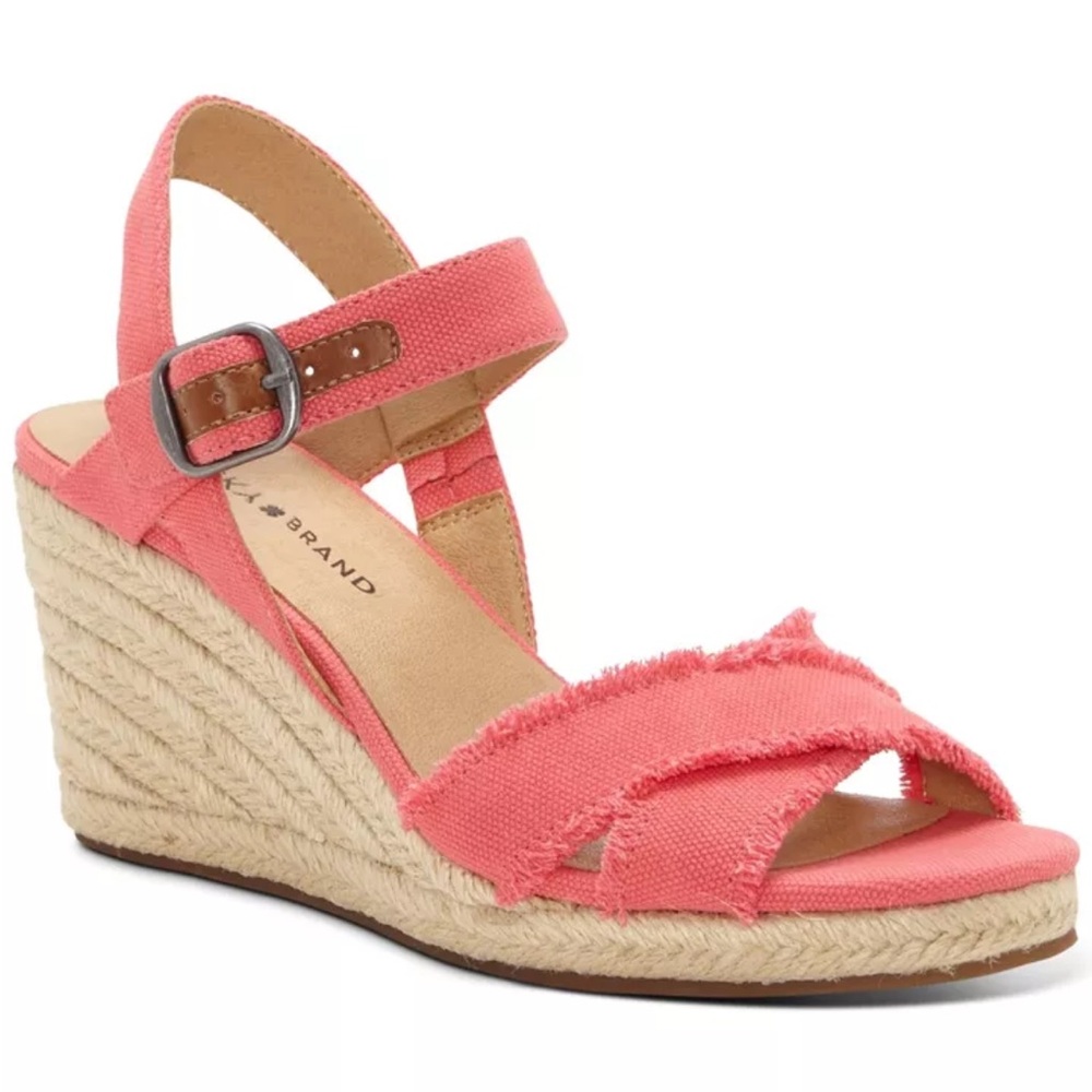 LUCKY BRAND Platform Frayed Margaline Wedge Sandals Calypso Coral Canvas 8.5